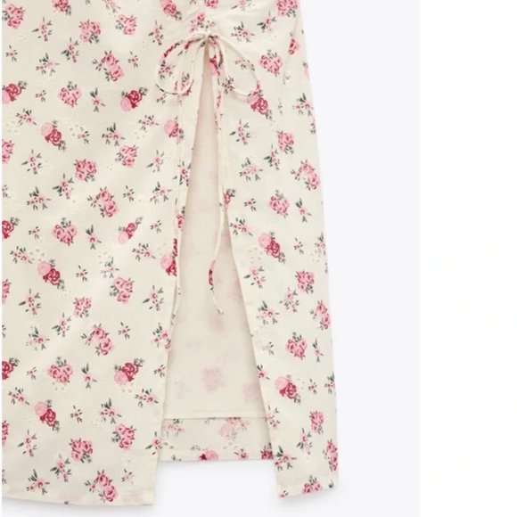 ZARA LINEN FLORAL BUSTIER EYELET SMOCKED BACK FULLY LINED MIDI DRESS - Picture 14 of 14